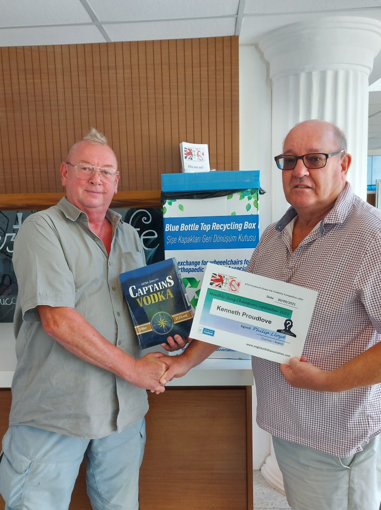 SEPTEMBER 2021 Monthly prize winner (person with the most correct guesses during the month) is: - Ken Proudlove seen here receiving his prize and certificate from the association chairman