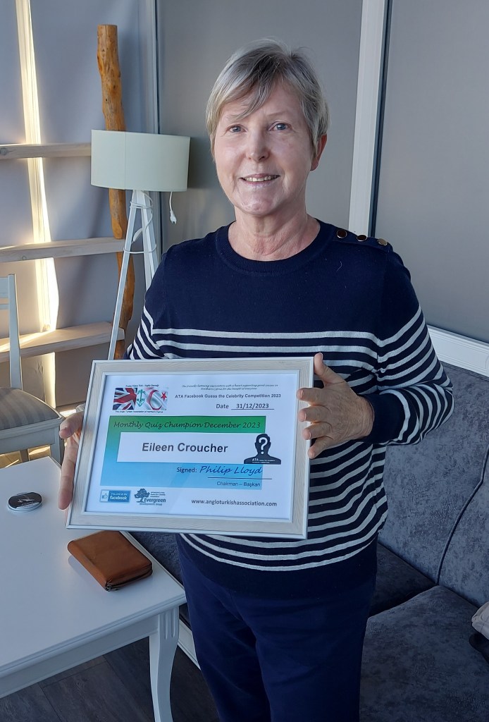 DECEMBER 2023 Monthly prize winner (person with the most correct guesses during the month) is: –  Eileen Croucher with her winners certificate
